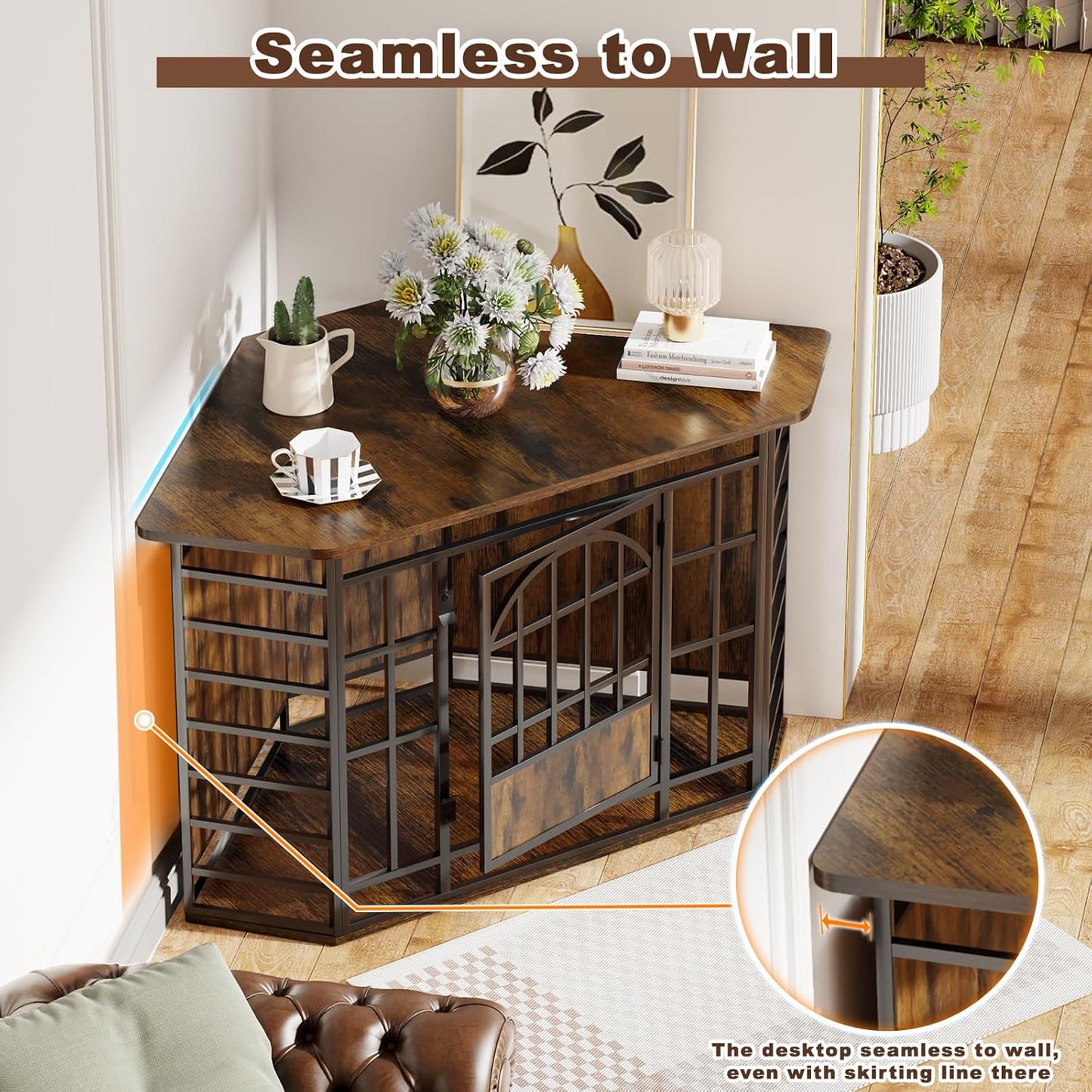 Corner Dog Crate Furniture, 52 Inch Large Dog Kennel Indoor Wooden End Table, Modern Dog Cage Decorative Pet House TV Stand for Medium Large Dogs,Grey