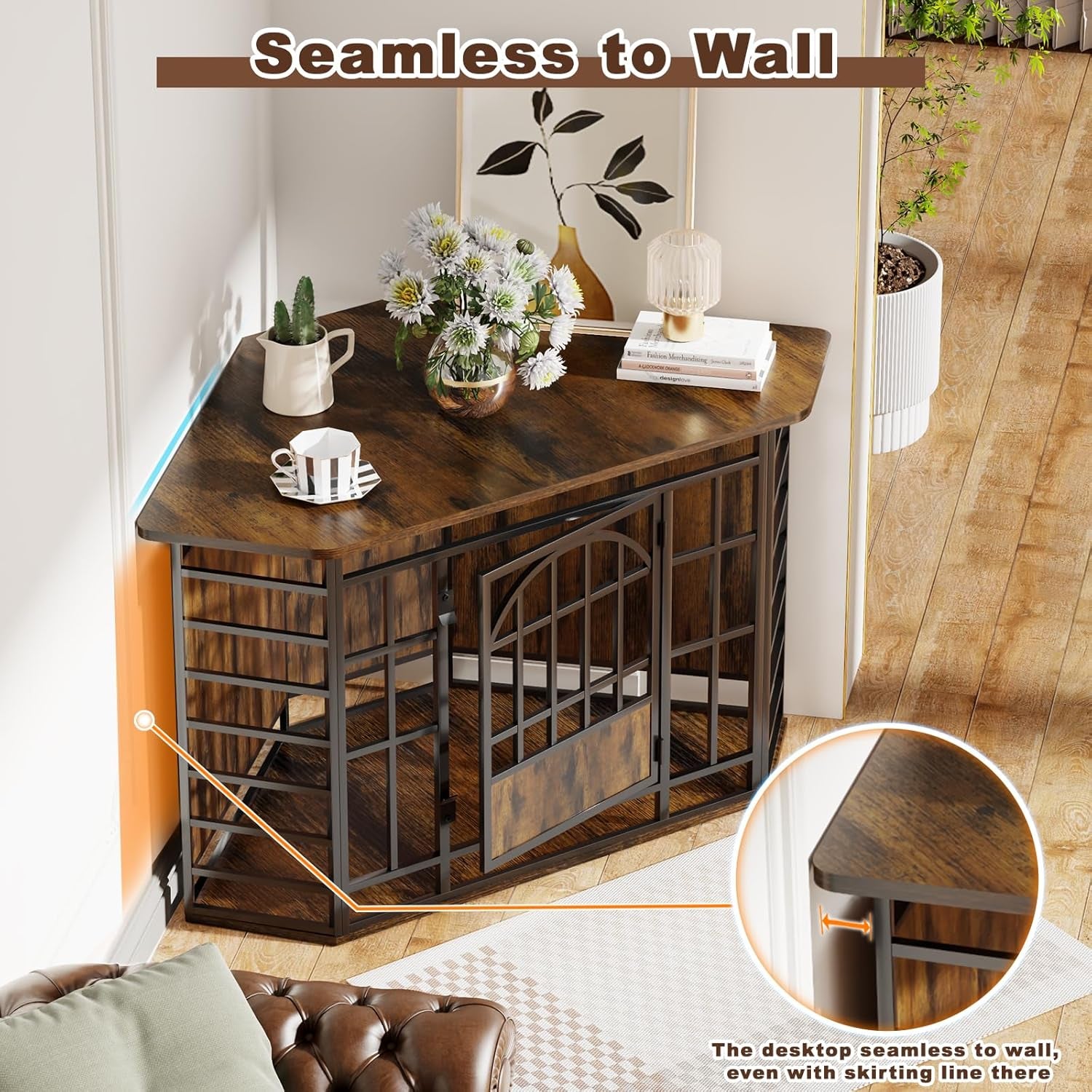 Corner Dog Crate Furniture, 52 Inch Large Dog Kennel Indoor Wooden End Table, Modern Dog Cage Decorative Pet House TV Stand for Medium Large Dogs,Grey