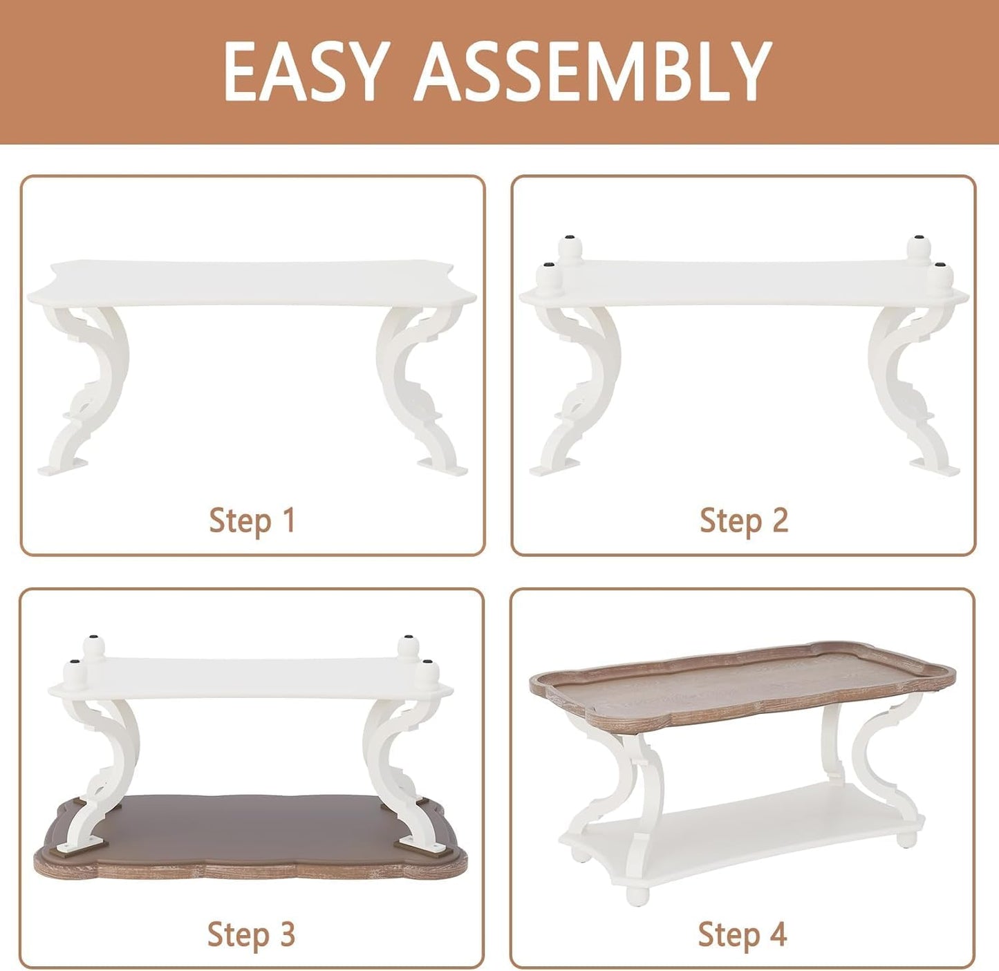 Farmhouse Coffee Table, Rustic White Cocktail Table with Storage Shelf, Sofa Table with Natural Tray Top and Carved Legs for Living Room Furniture Dining Room, Vintage White