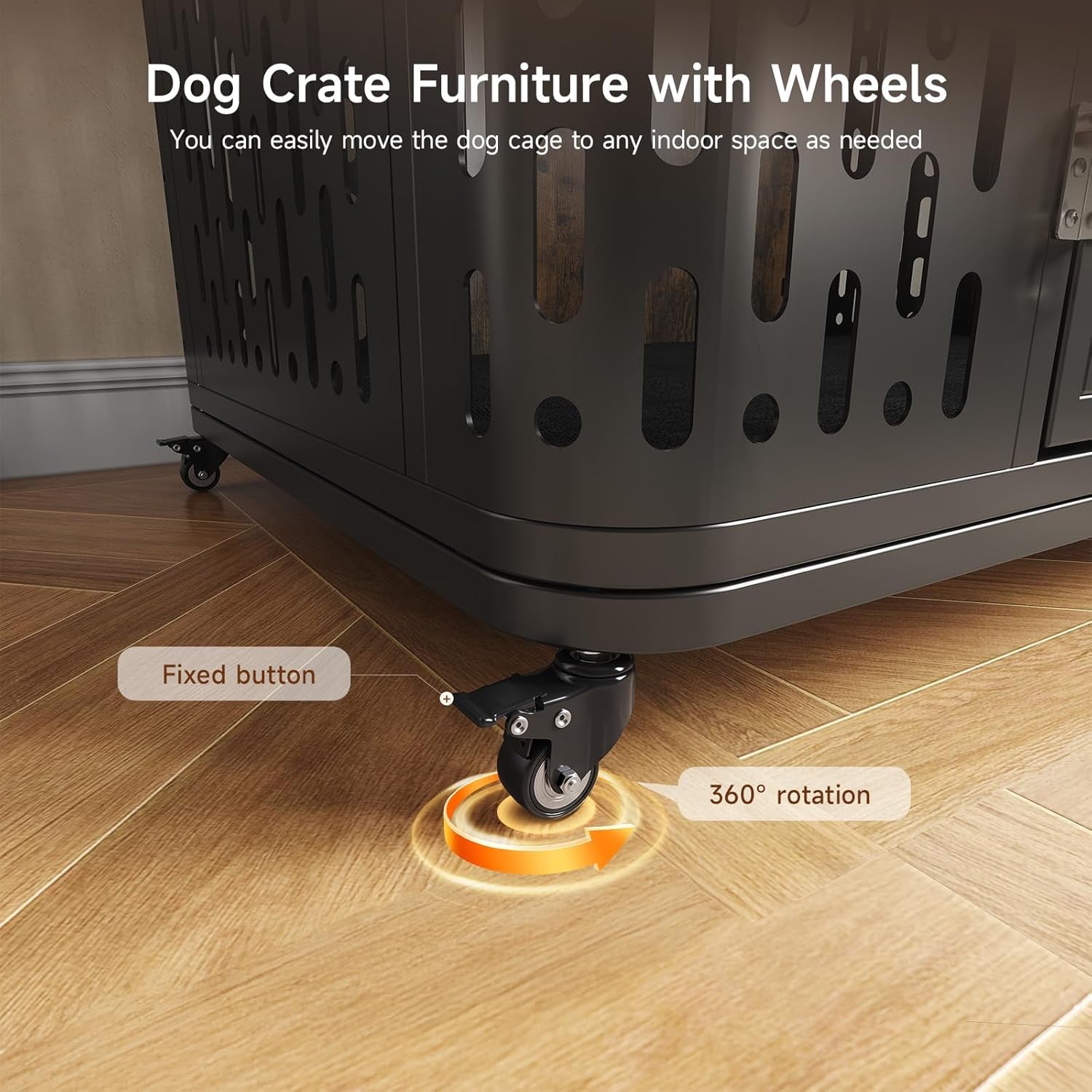 43.7" Dog Crate Furniture with Wheels, Indoor Heavy Duty Dog Kennel with Flip Top & Cushion for Medium Dogs, Escape-Proof and Chew-Proof Pet Cage for High Anxiety Pet, Decorate as TV Stand