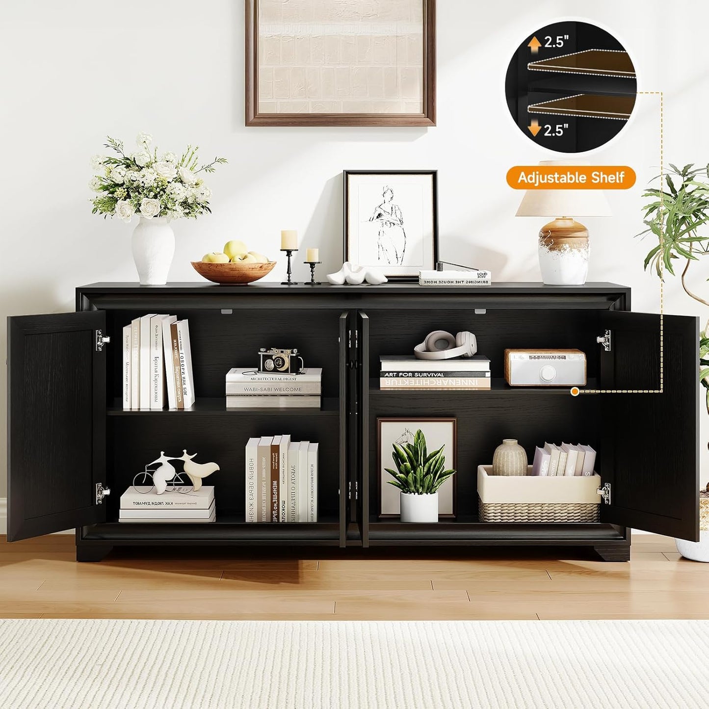60" Buffet Cabinet with Storage, 4 Doors Sideboard Buffet Cabinet with Adjustable Shelves, Modern Coffee Bar Console Table for Living Room, Kitchen, Entryway, Black