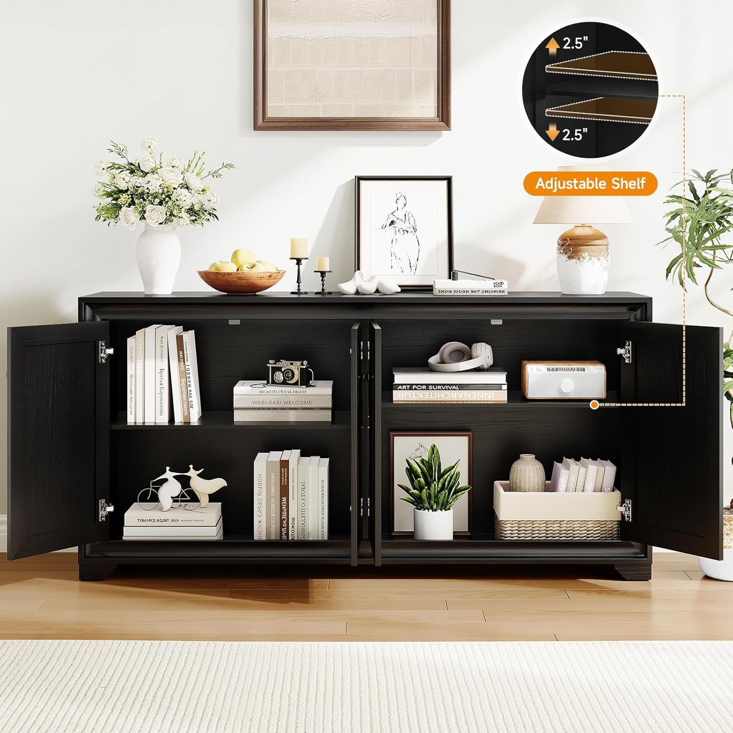60" Buffet Cabinet with Storage, 4 Doors Sideboard Buffet Cabinet with Adjustable Shelves, Modern Coffee Bar Console Table for Living Room, Kitchen, Entryway, Black