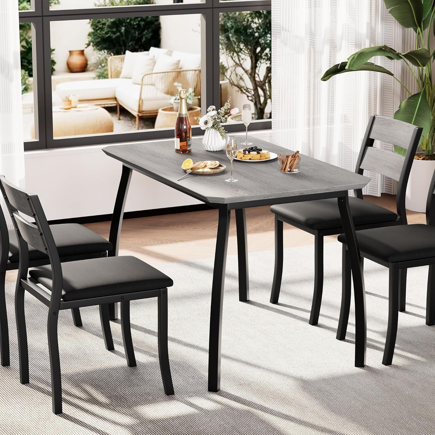 Dining Table Set for 4 Modern Kitchen Table and Chairs Set with Chamfered Edges Cushioned Seats Space-Saving Metal Frame Compact Breakfast Nook (Soft Seat Black Tube + Black)