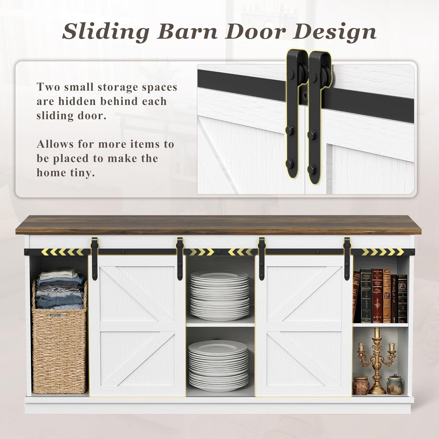 Farmhouse TV Stand for Televisions up to 65 Inches, Sliding Barn Doors and Storage Cabinets, Console Table and Media Furniture for Living Room, 58 Inch, Milk White