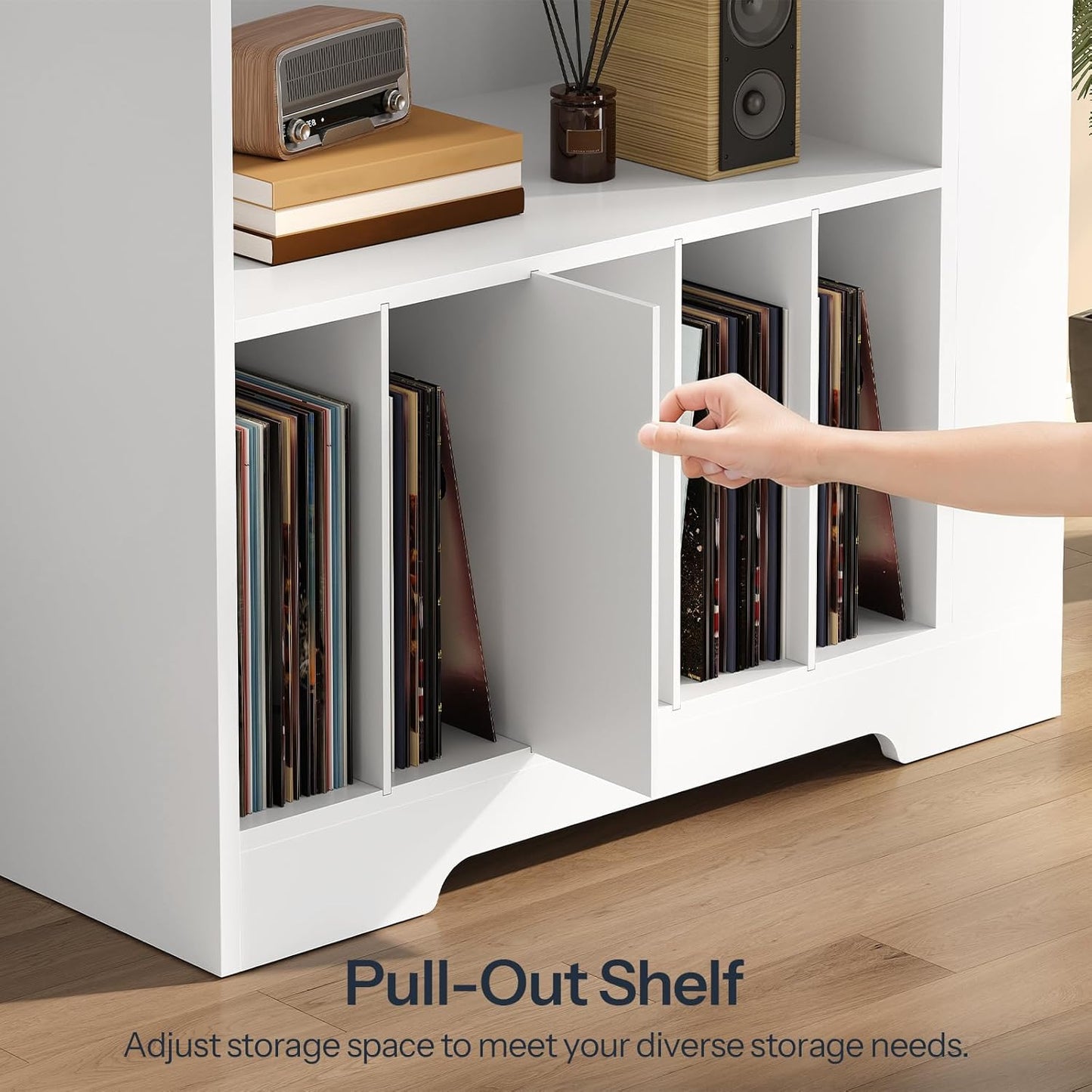 Large Record Player Stand with Charging Station & LED Lights, Vinyl Record Storage Table Holds up to 230 Albums, Turntable Stand with Display Shelf for Living Room, Walnut and White WH80UDRS01