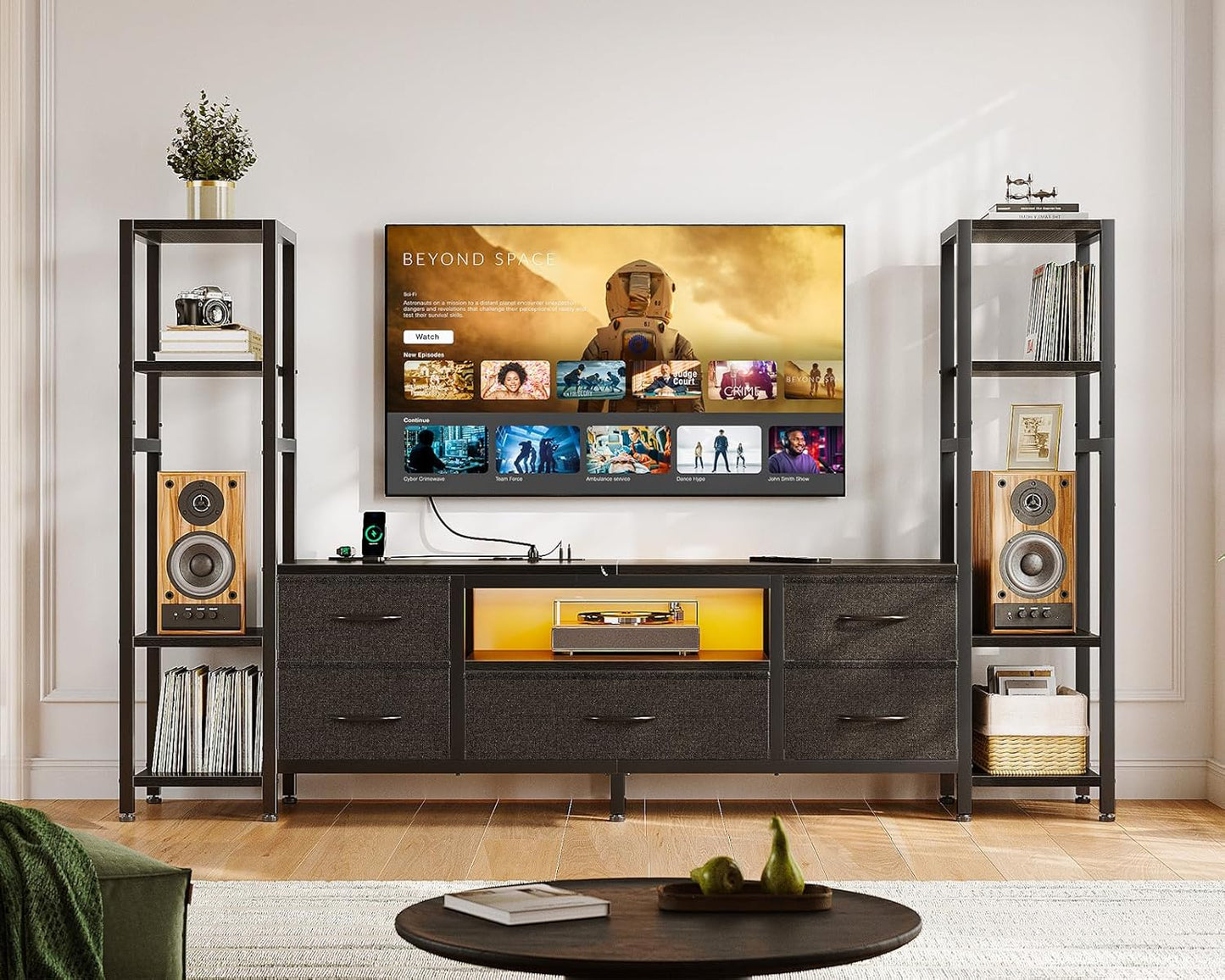 TV Stands for 43-50 Inch TV, Entertainment Center with LED Lights & Power Outlets for Tvs up to 55 Inch, TV Stand Living Room with 5 Fabric Drawers, TV Console Cabinet for Bedroom, Black