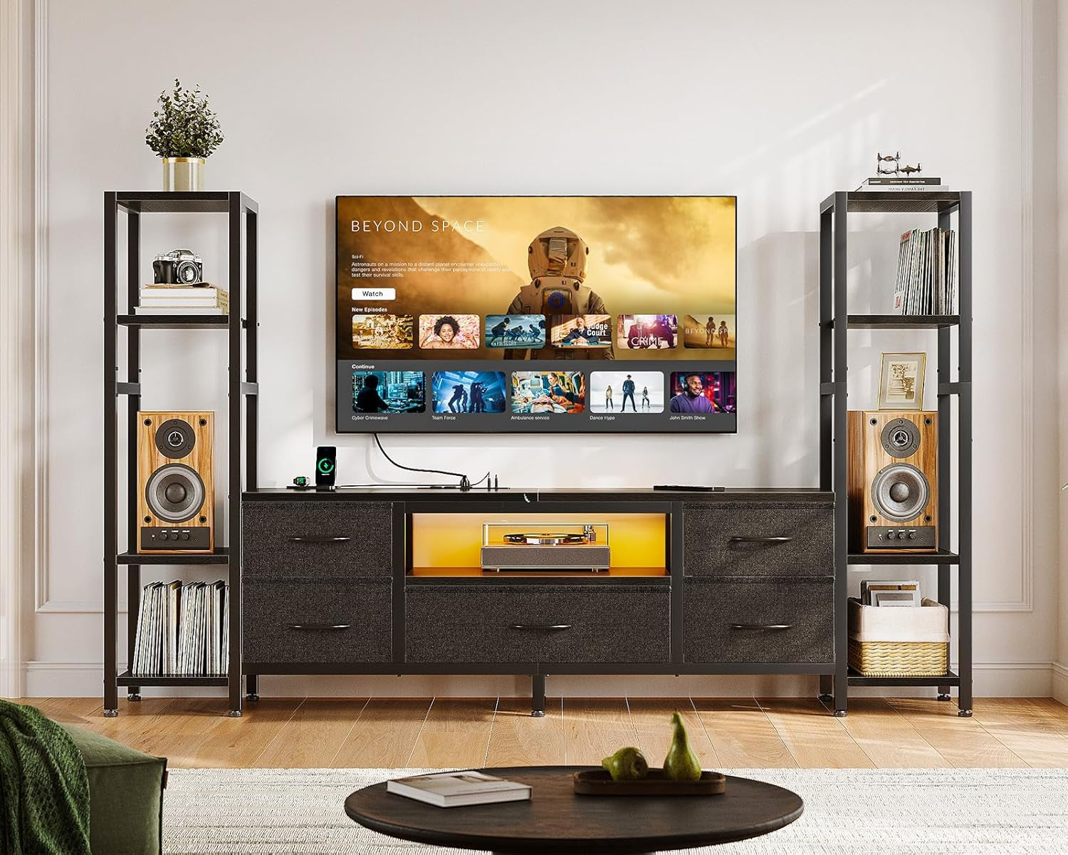 TV Stands for 43-50 Inch TV, Entertainment Center with LED Lights & Power Outlets for Tvs up to 55 Inch, TV Stand Living Room with 5 Fabric Drawers, TV Console Cabinet for Bedroom, Black