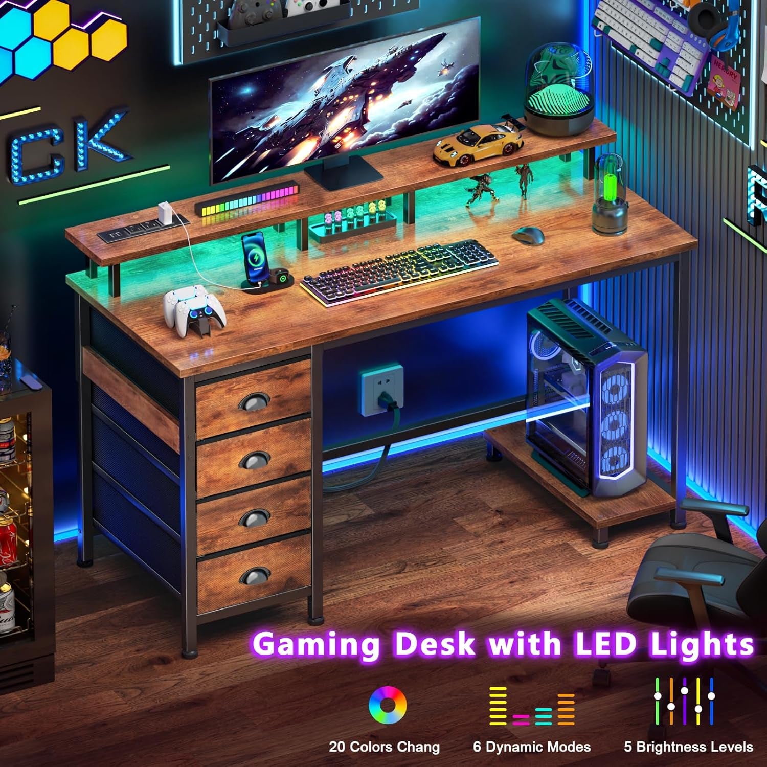 47" Computer Desk with 4 Fabric Drawers & Monitor Stand, Gaming Desk with Power Outlets - LED Lights, Home Office Space-Saving Study Table for Bedroom Small Spaces (Rustic Brown)