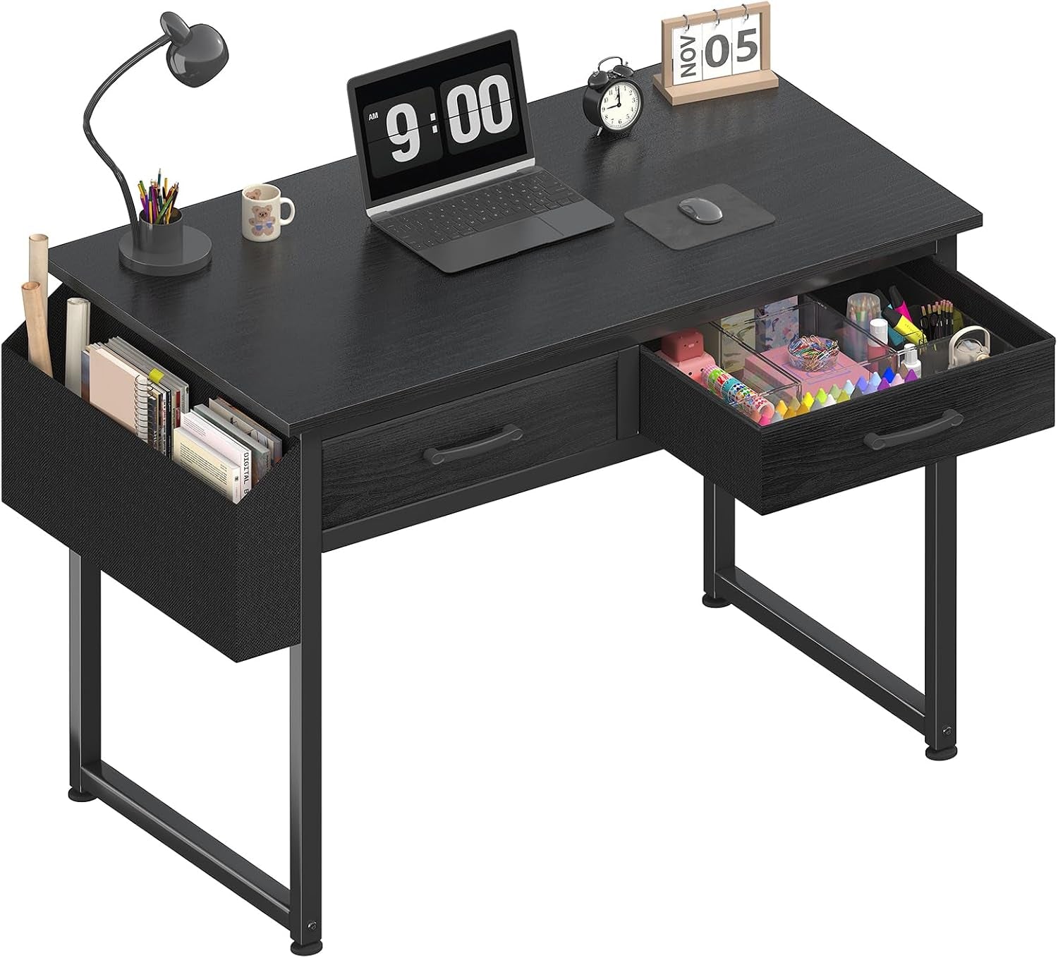 Small Desk with Fabric Drawers for Bedroom, 32 Inch Gaming Desk with 2 Drawers for Small Space, Study Writing Table PC Desks, Black