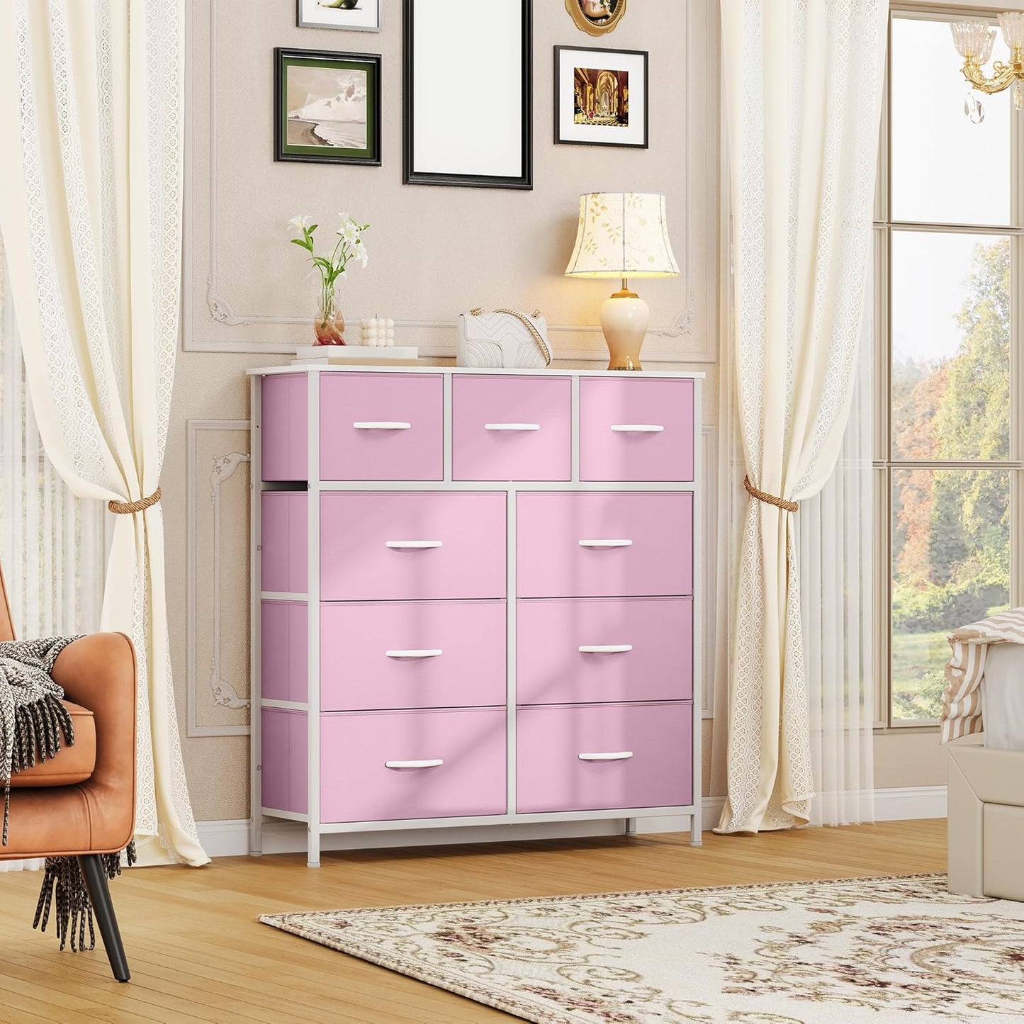Dresser with 9 Drawers, Fabric Storage Dresser, Closet Chest of Drawers for Living Room, Closets - Sturdy Steel Frame, Wooden Top & Easy Pull Fabric Bins (Pink)