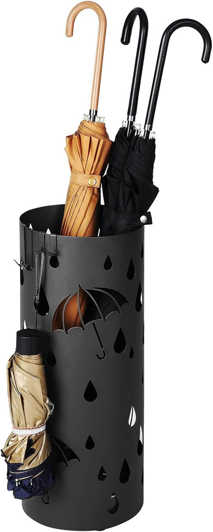 Umbrella Stand, Metal Umbrella Holder for Entryway, with Water Tray and 4 Hooks, 6.7 X 6.7 X 16.1 Inches, Round, Ink Black ULUC024B01