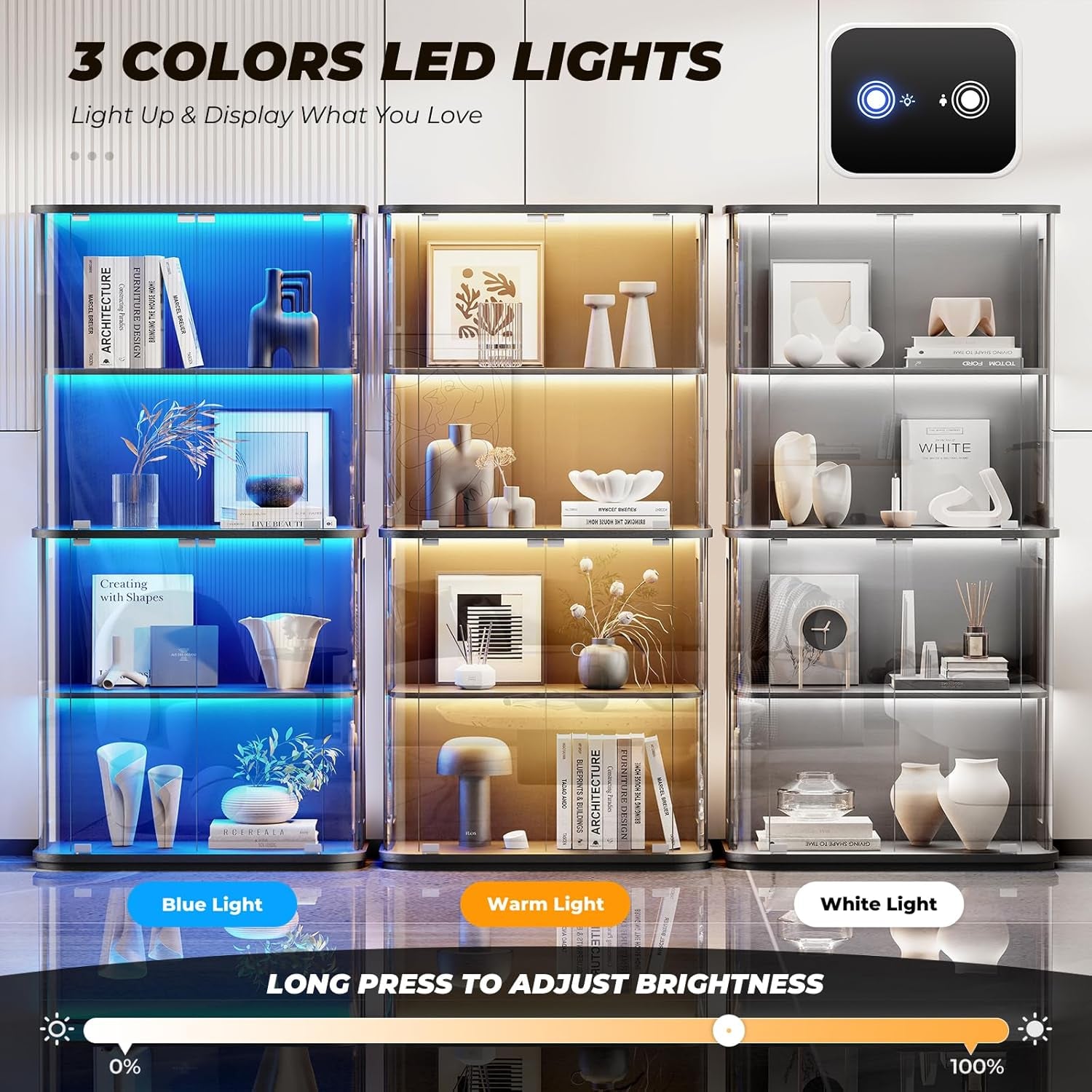 Rounded Display Cabinet with Glass Door, 4-Tier Curio Cabinet with Transparent Full-Display Surface for Collectibles, Glass Display Case with 3 Color Lights, Human Body Sensor, Black