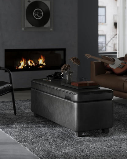 EKHO Collection - Storage Bench for Entryway, Ottoman Bench with Steel Frame, 43.3-Inch Wide, Synthetic Leather, Living Dining Room, Mid-Century Modern, Loads 660 Lb, Caramel Brown ULOM085K01