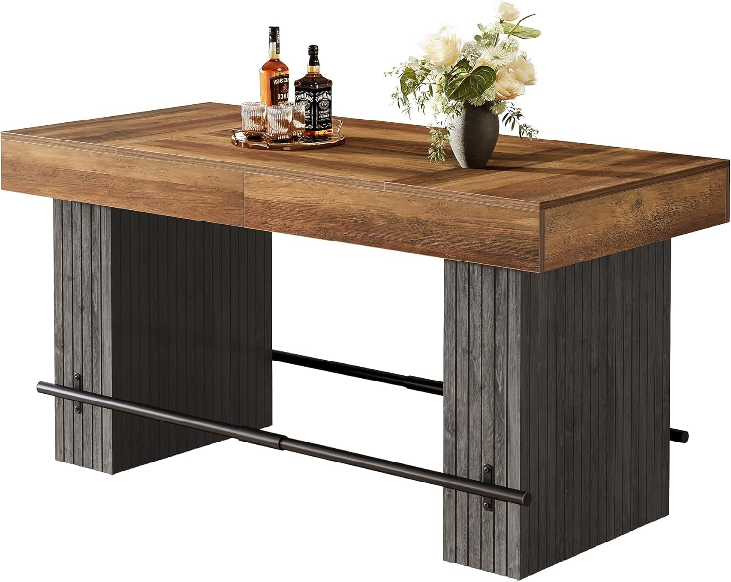 63 Inch Bar Table, Industrial Counter Height Pub Dining Table, Rectangular Home Bar Units with Metal Footrest for Home Kitchen, Dining Room, Bistro