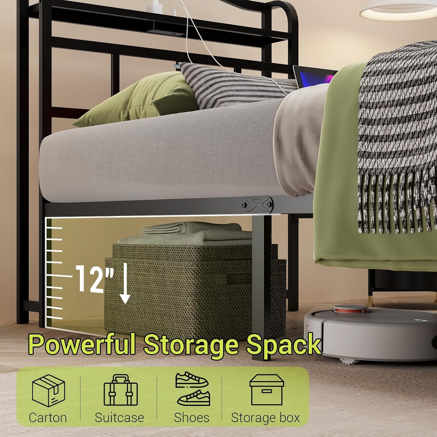 Metal Bed Frame with Headboard and USB & Type C Charging Station, Heavy Duty Metal Bed Frame No Box Spring Needed with Ample Storage Space - Easy Assembly and Noise Free(Black, Twin)