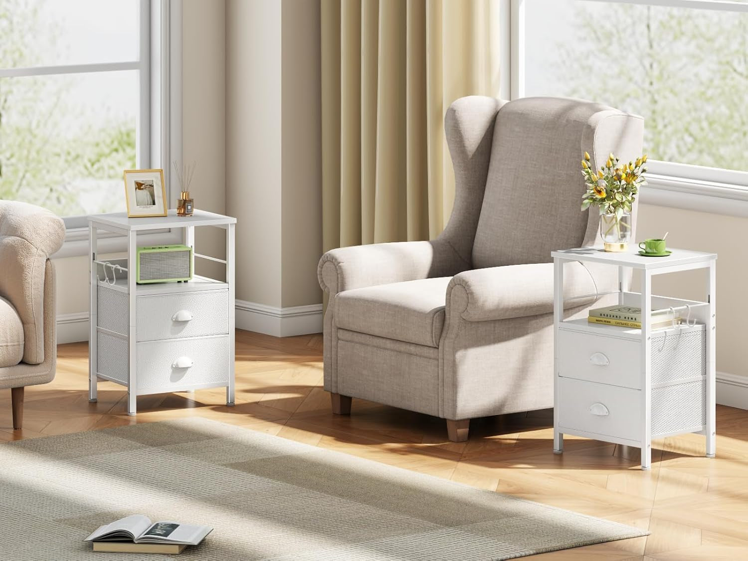 Nightstands Set of 2, End Table with 2 Fabric Drawers, Night Stand with 2 Hooks, Open Wood Shelf Bedside Table for Bedroom/Living Room/White