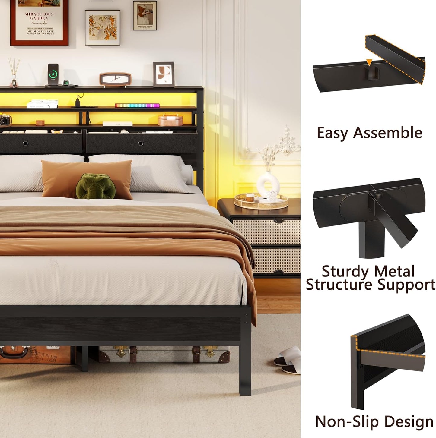 Full Size Bed Frame with Headboard & 2 Fabric Drawers, Full Platform Bed Featuring LED Lights, Built-In Charging Station & Storage Shelves, Metal Slats, No Box Spring Needed – Black Oak