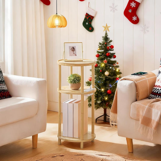 Small round Side Table with Charging Station, 3-Tier round Bamboo End Table, Compact Sofa Bedside Table for Small Space, Easy Assembly, for Living Room, Bedroom, Apartment, Natural YL152UBZ01