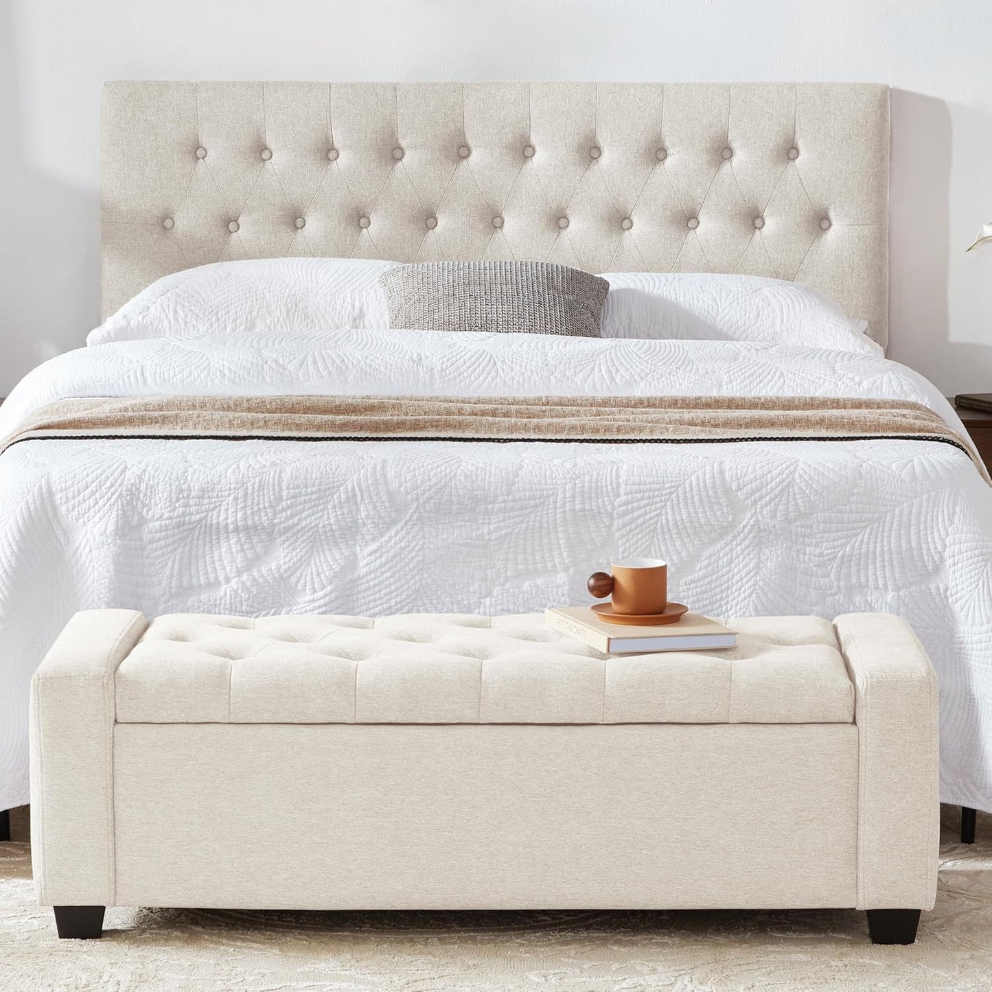 48" Ottoman with Storage, Storage Ottoman Bench with Safety Hinge, Upholstered Entryway Bench with Seating for Bedroom, Living Room, Holds up to 330 Lb, Beige