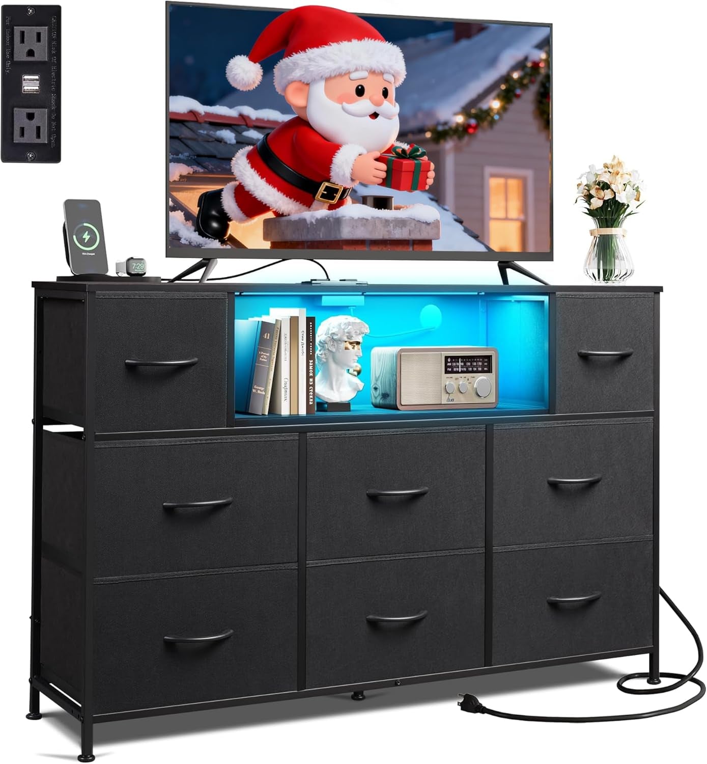 Black Dresser TV Stand for 45, 50, 55 Inch TV, Entertainment Center with LED Lights & Charging Station, Chest of Drawers with 8 Fabric Drawers and Open Shelves for Living Room, Hallway, Wood Top