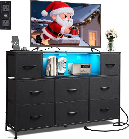 Black Dresser TV Stand for 45, 50, 55 Inch TV, Entertainment Center with LED Lights & Charging Station, Chest of Drawers with 8 Fabric Drawers and Open Shelves for Living Room, Hallway, Wood Top