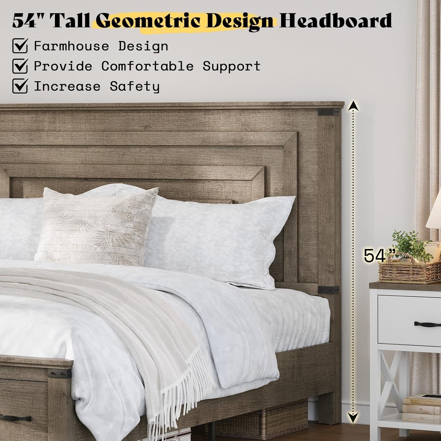 Farmhouse Queen Bed Frame with 54" Tall Geometric Headboard & Footboard, Rustic Wood Platform Bed Frame with Large Storage Drawers, Wood Slats Support, No Box Spring Needed, Rustic Gray