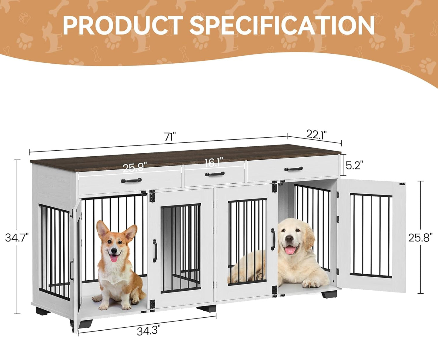 71'' Dog Crate Furniture, Wooden Indoor Dog Kennel for 2 Dogs with 3 Drawers and Removable Room Divider, XXL Double Dog Crate TV Stand End Table with Double Doors for Large Medium Dogs, Rustic Brown