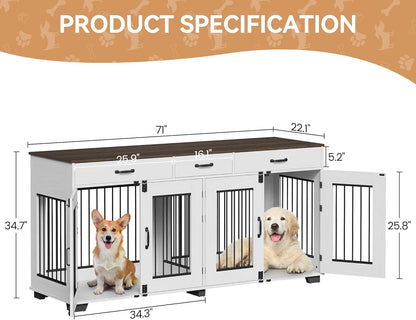 71'' Dog Crate Furniture, Wooden Indoor Dog Kennel for 2 Dogs with 3 Drawers and Removable Room Divider, XXL Double Dog Crate TV Stand End Table with Double Doors for Large Medium Dogs, Rustic Brown