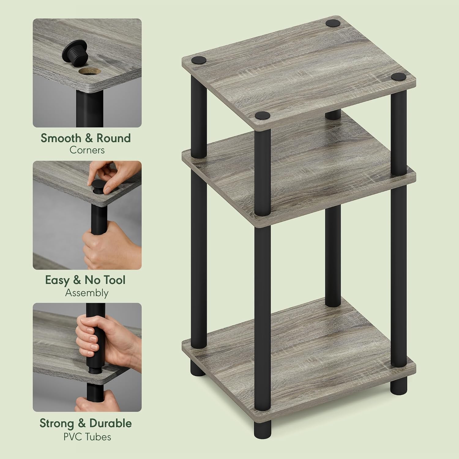JUST Side Table, 3-Tier End Table, Open Shelves Night Stand, Bedside Table, Toolless Assembly, for Living Room, Bedroom, Bathroom, French Oak