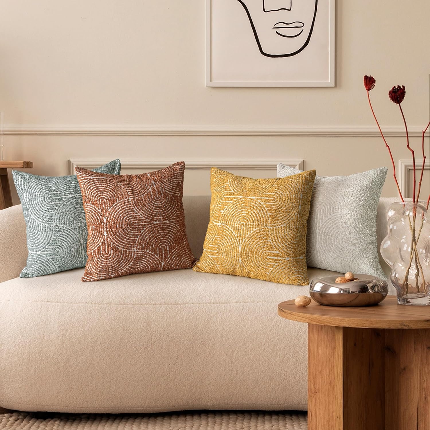 Boho Decorative Textured Throw Pillow Covers 20X20, Organic Modern Mid Century Rainbow Tufted Pillow Case, Farmhouse Rustic Geometric Woven Cushion Case for Bed Couch Sofa, Mustard Yellow