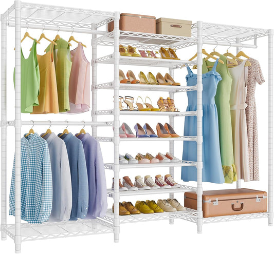 S3 Freestanding Clothes Rack Heavy Duty Garment Rack 6-Tier Shoe Racks Closet Storage Organizer Large Wardrobe, Hanging Rod, Adjustable Metal Shelf, 68.9" L X 15.7" W X 76.4" H, White