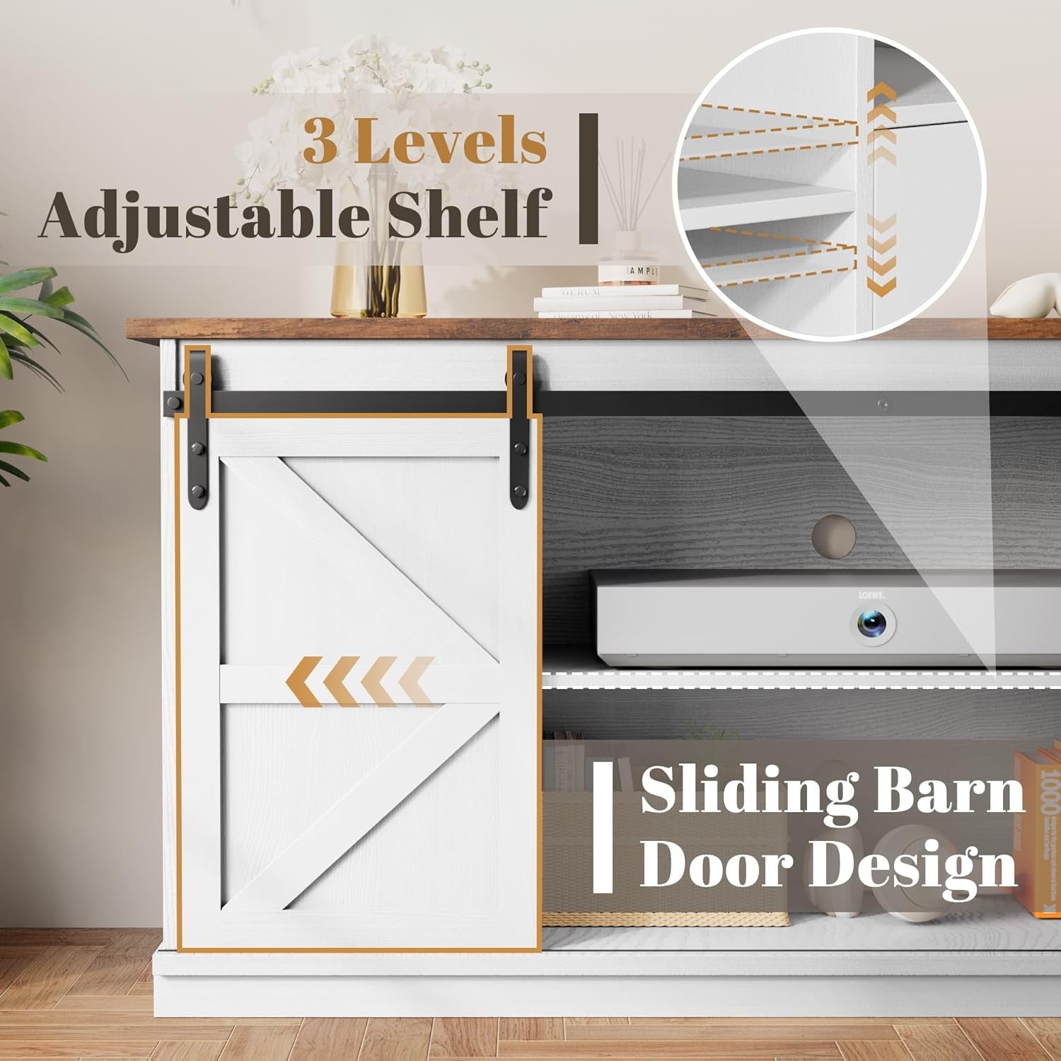 TV Stand for Televisions up to 65 Inchs, with Sliding Barn Doors and 4 Storage Drawers, Console Table and Media Furniture for Living Room, 58 Inch, Milk White