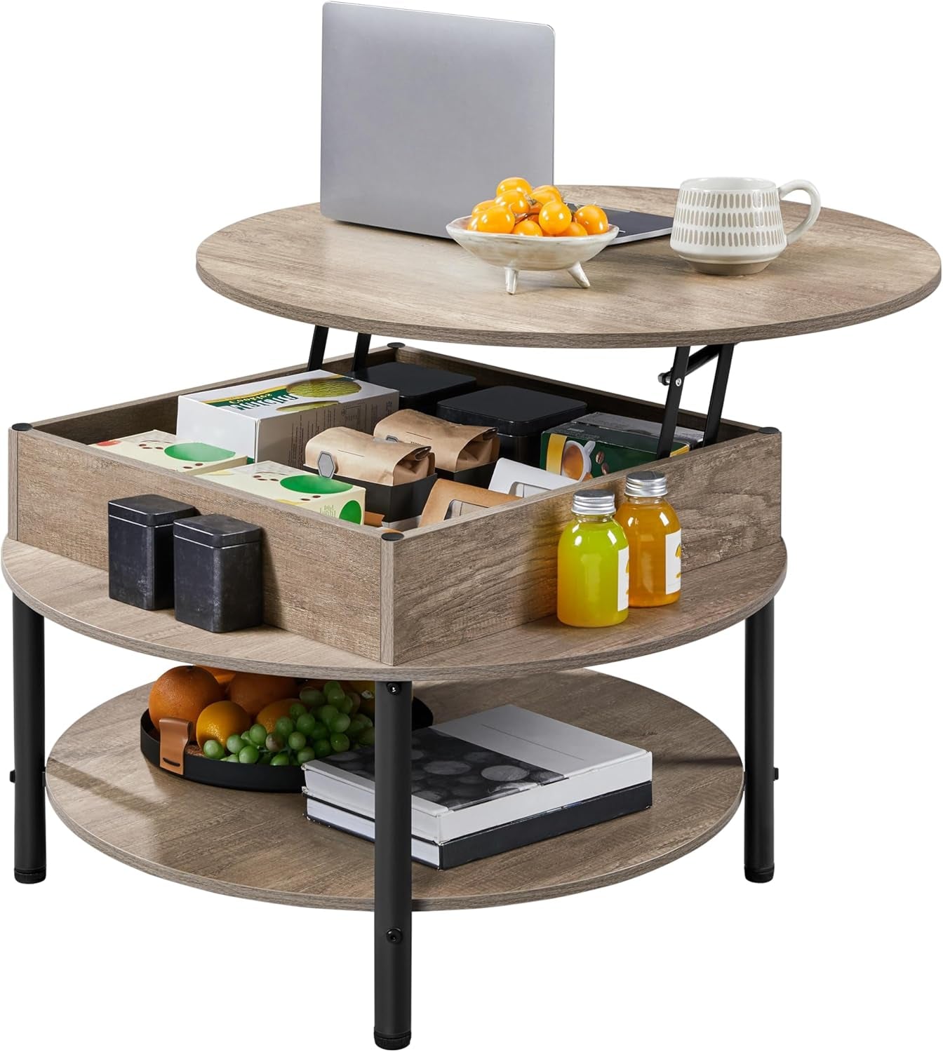 round Lift Top Coffee Table with Hidden Compartment & Storage Shelf, 31'' Farmhouse Coffee Table Center Tables, 2-Tier Small round Dining Table for Living Room Reception Room, Gray