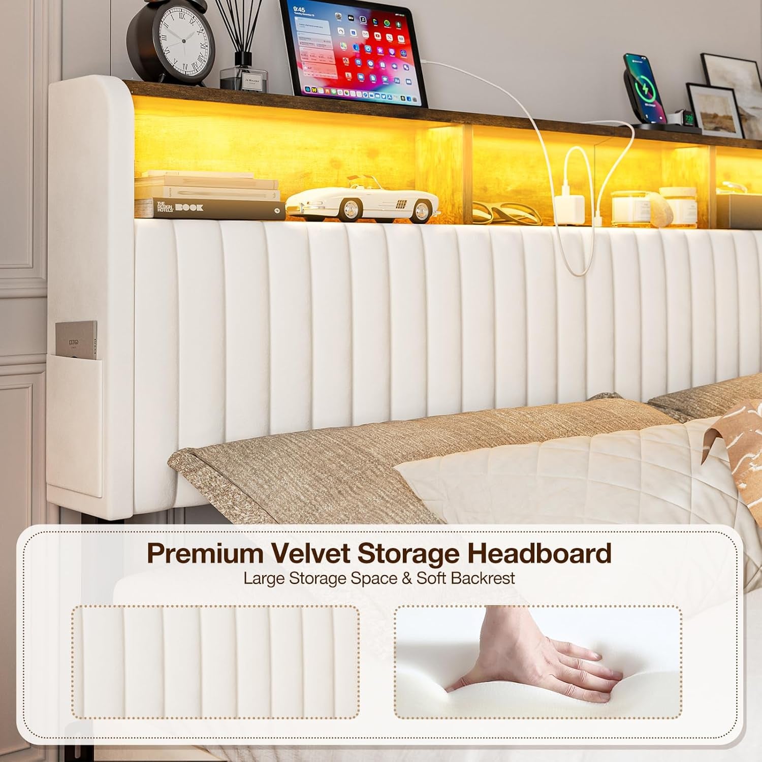 Upholstered California King Headboard with Storage, Adjustable Height, Velvet Cal King Head Board Only with LED Lights & Charging Station, Bed Frame Brackets Adapter, Easy Assembly, White
