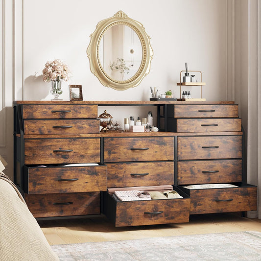 55" W Dresser for Bedroom with Deep Fabric Drawers, Long Chests of Drawers with 2 Open Wooden Shelves, Large Vanity Dressers for Dorm, Entryway, Rustic Brown, 55.1" W X 35.4" H X 11.4" D