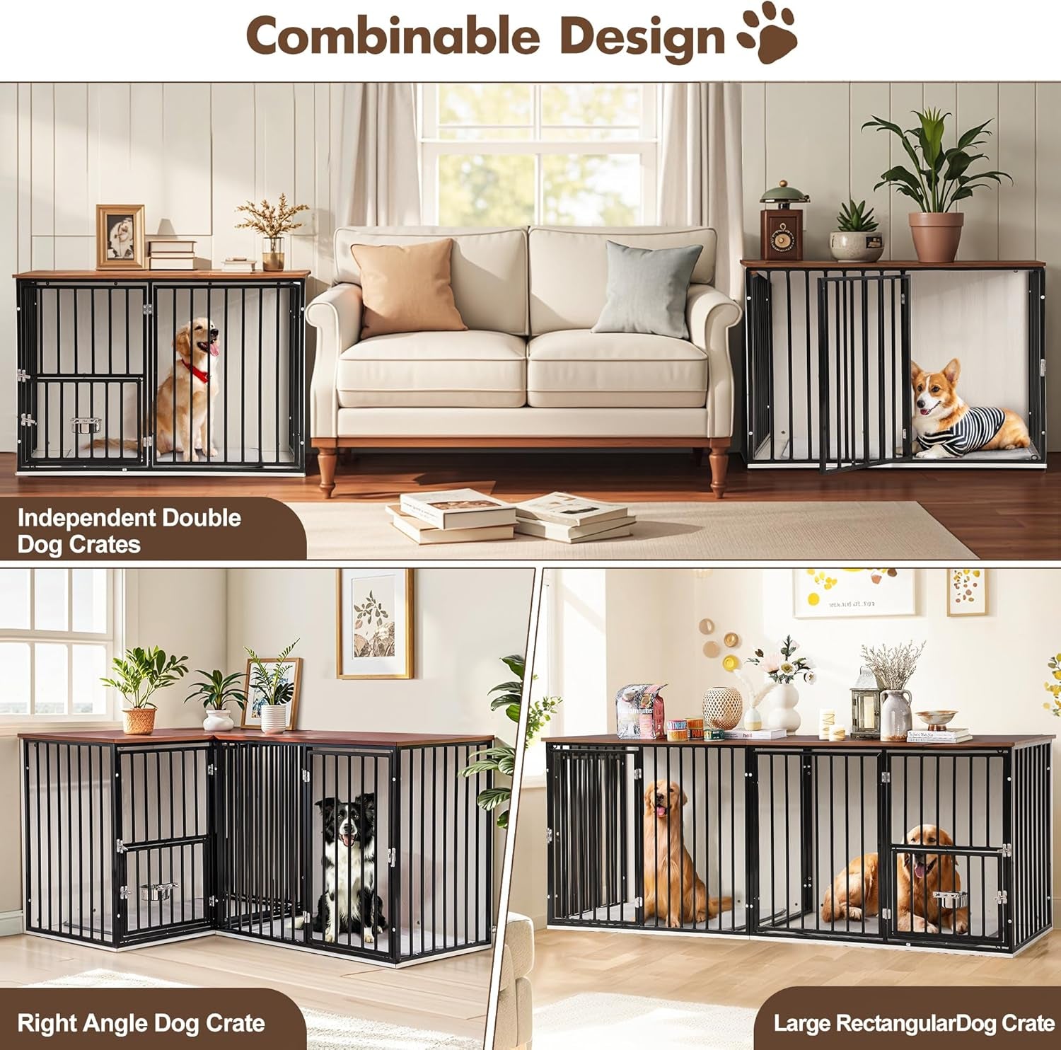 2 Dogs 60"-80" Double Crate Furniture for Large Medium Dogs, Heavy Duty Indoor Dog Kennel TV Stand with Dividers, Double-Room Indoor Dog House with Removable Trays (Black)
