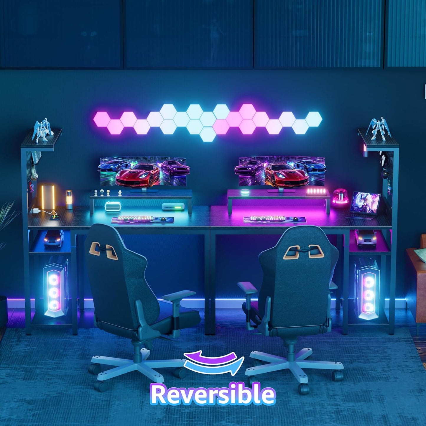 40 Inch Small Gaming Desk with Pegboard Shelves Computer Desks with Led Lights Power Outlets PC Monitor Stand Reversible Storage Shelf Table for Bedroom Small Space, Black