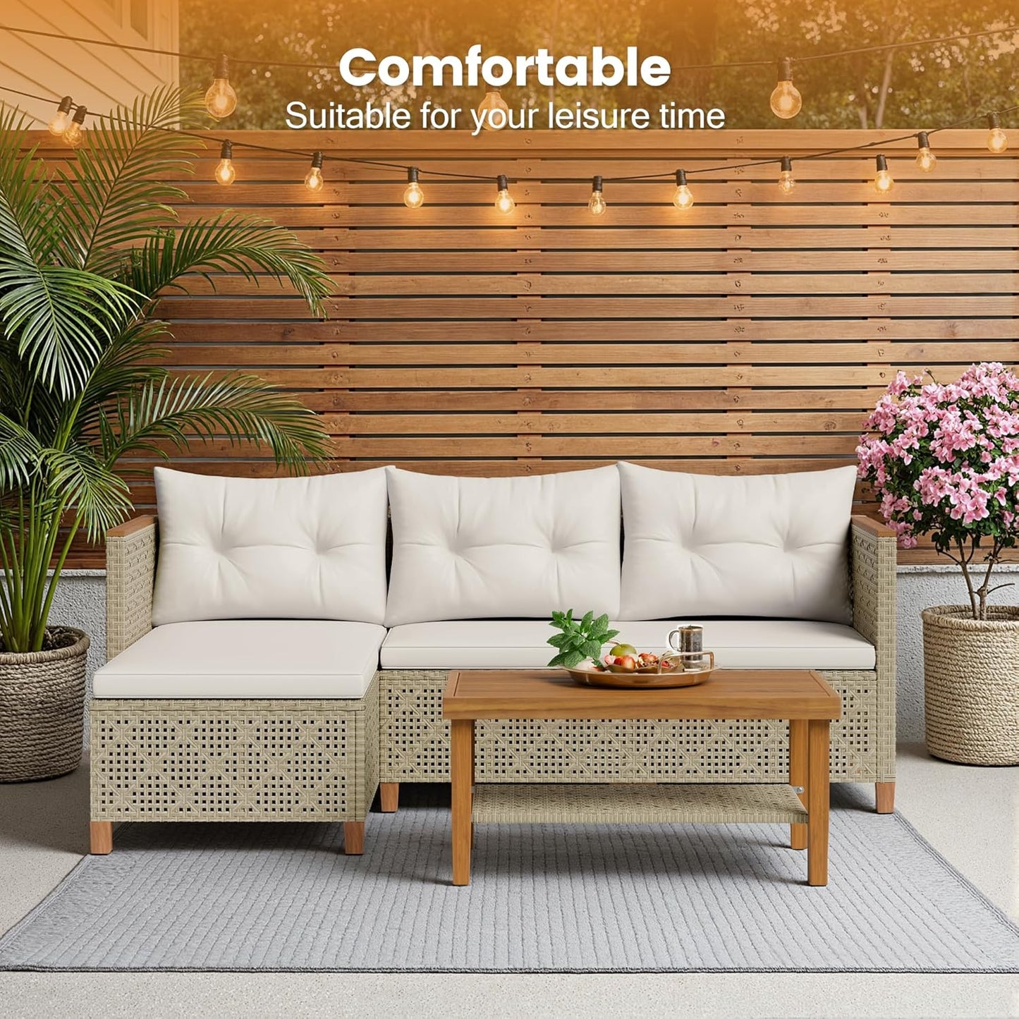 Wicker Patio Furniture Set, 3 Pieces Outdoor Sofa with Tufted Pillow,Pe Rattan Small Sectional Couch Set for Backyard, Deck,Porch & Poolside(Brown)