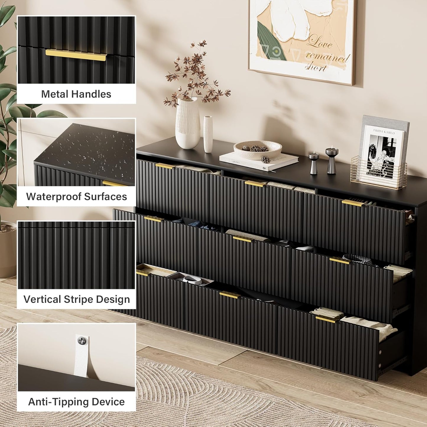 Black Dresser for Bedroom, Modern Dresser with 9 Drawers and Smooth Slides, Wide Chest of Drawers with Golden Handles for Bedroom, Living Room, Closet, 15.7" D X 63" W X 31.5" H