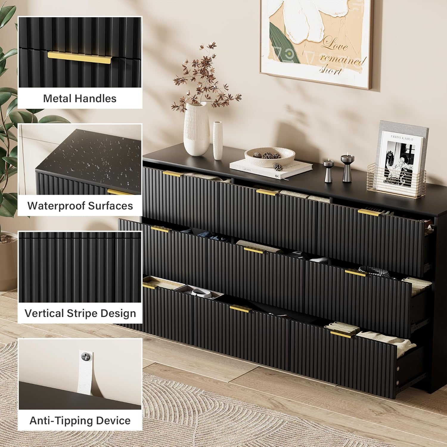 Black Dresser for Bedroom, Modern Dresser with 9 Drawers and Smooth Slides, Wide Chest of Drawers with Golden Handles for Bedroom, Living Room, Closet, 15.7" D X 63" W X 31.5" H