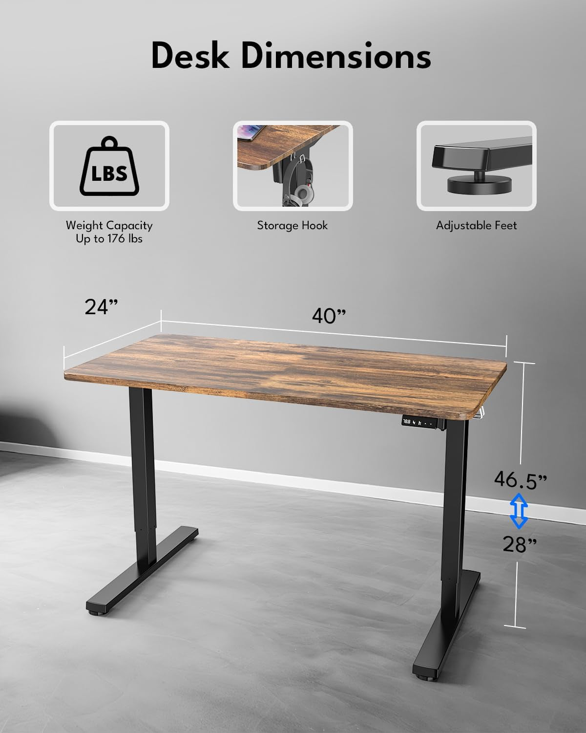 Standing Desk, Height Adjustable Electric Stand up Desk, 40 X 24 Inches Sit Stand Home Office Desk with Splice Board, Black Frame/Rustic Brown Top