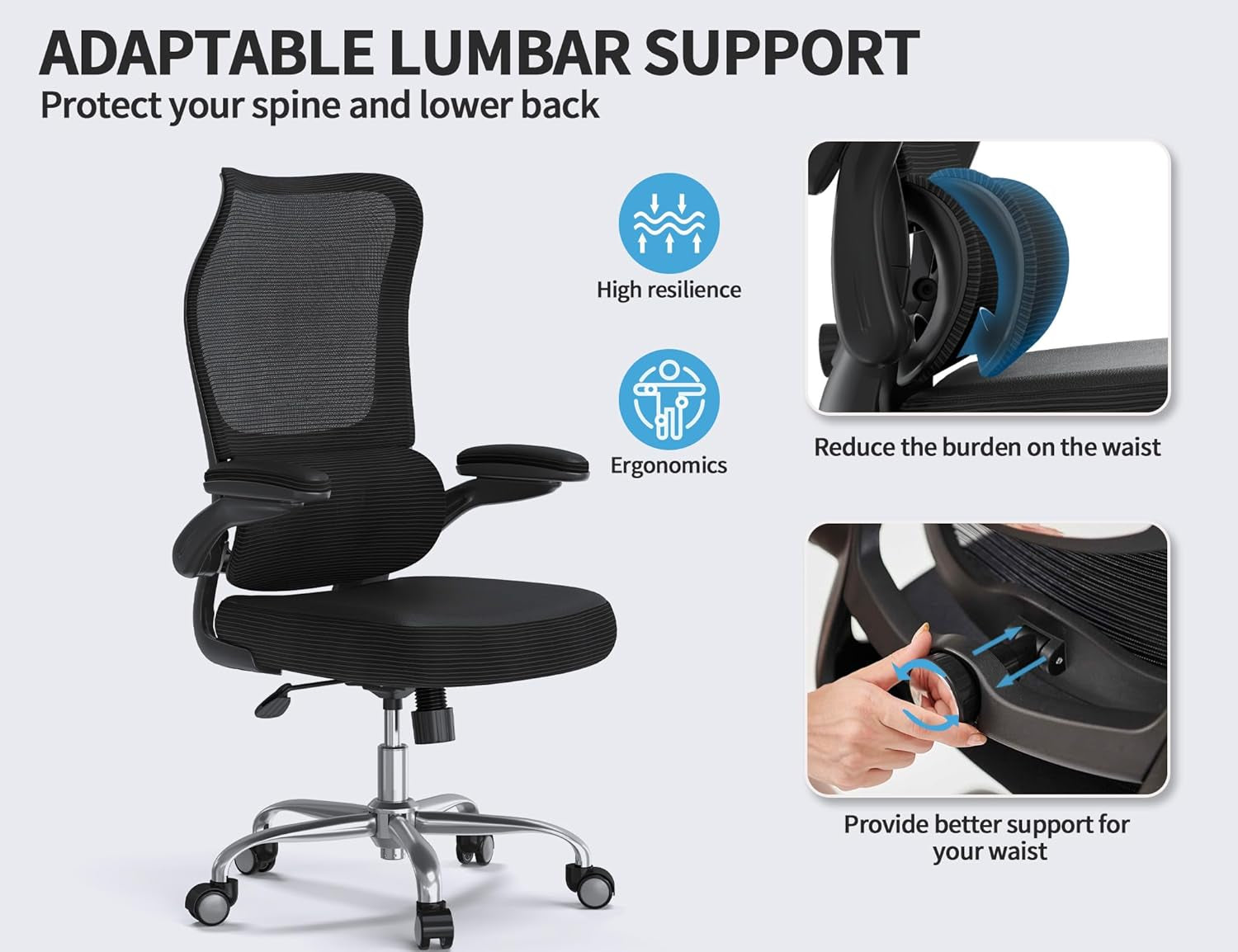 Ergonomic Office Chair - Desk Chair with Wave High Back Adjustable Lumbar Support Computer Chair - Gaming Chairs Mesh Backrest and PU Leather Seat for Home Reading Chairs to Adults(Black)