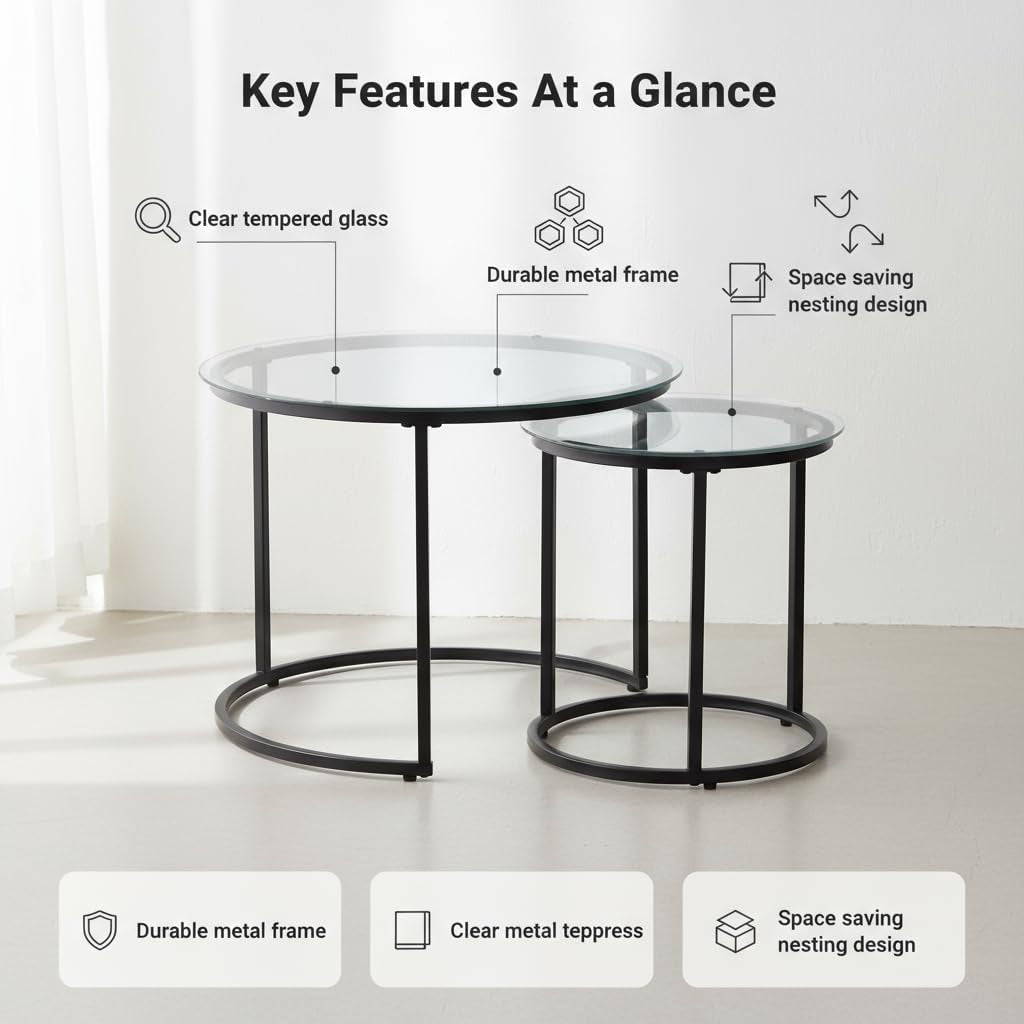 Round Nesting Coffee Table Set of 2, Modern Glass Nesting Tables, Stacking Minimalist End Table for Living Room Bedroom Small Space, Clear Tempered Glass and Black