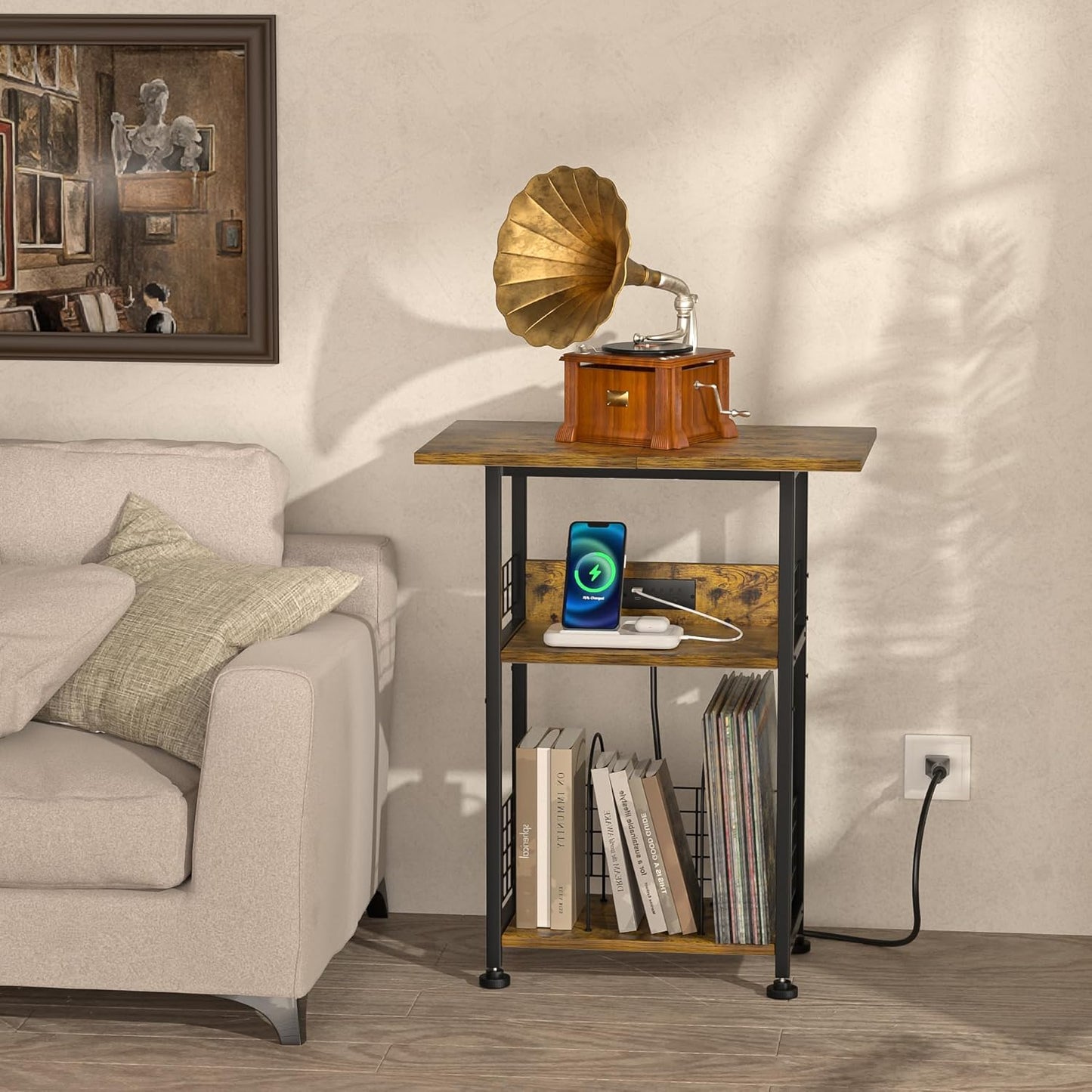 Record Player Stand with Charging Station, 3 Tier Turntable Stand with Storage Cabinet, Vinyl Storage End Table Hold up to 200 Albums, Record Table for Vinyl, Living Room, 23.6" W X 15.7" D