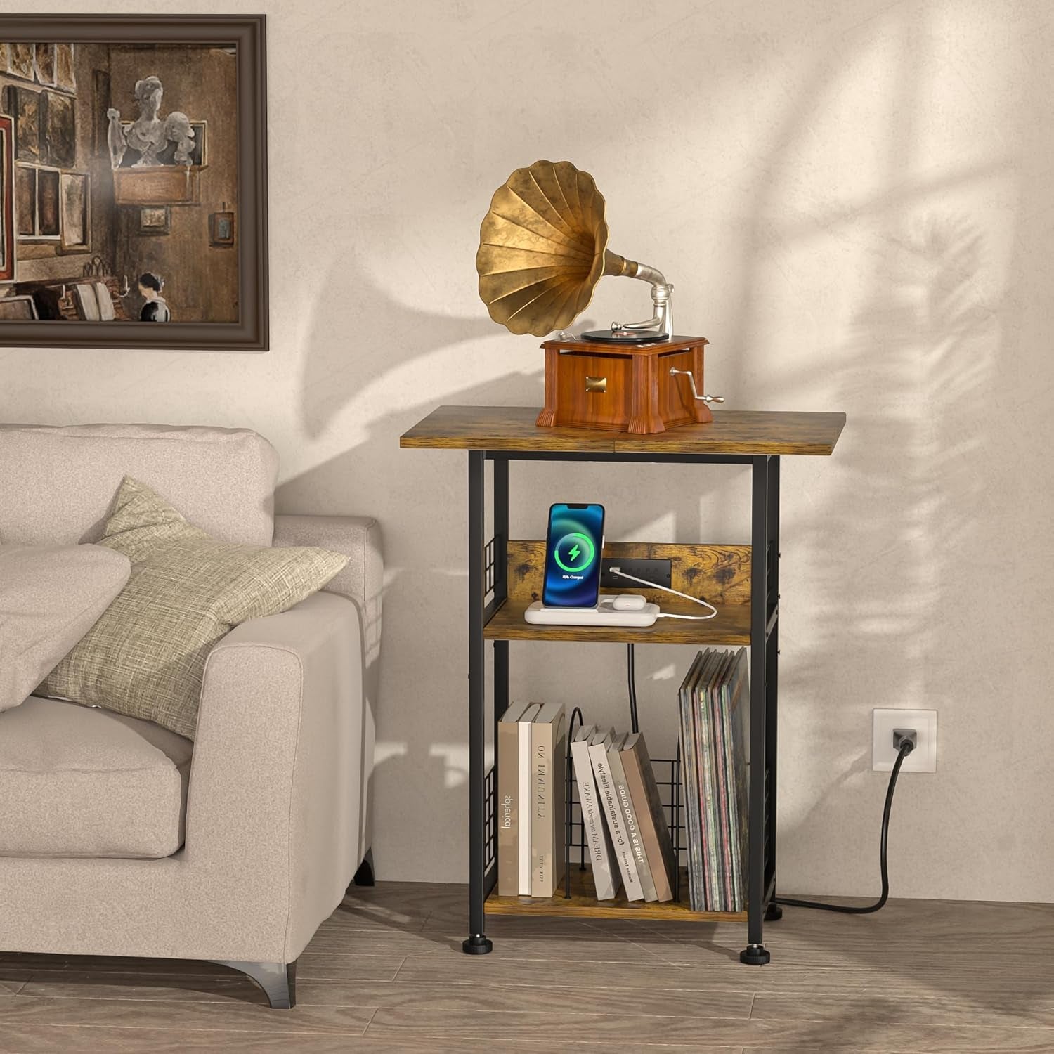 Record Player Stand with Charging Station, 3 Tier Turntable Stand with Storage Cabinet, Vinyl Storage End Table Hold up to 200 Albums, Record Table for Vinyl, Living Room, 23.6" W X 15.7" D