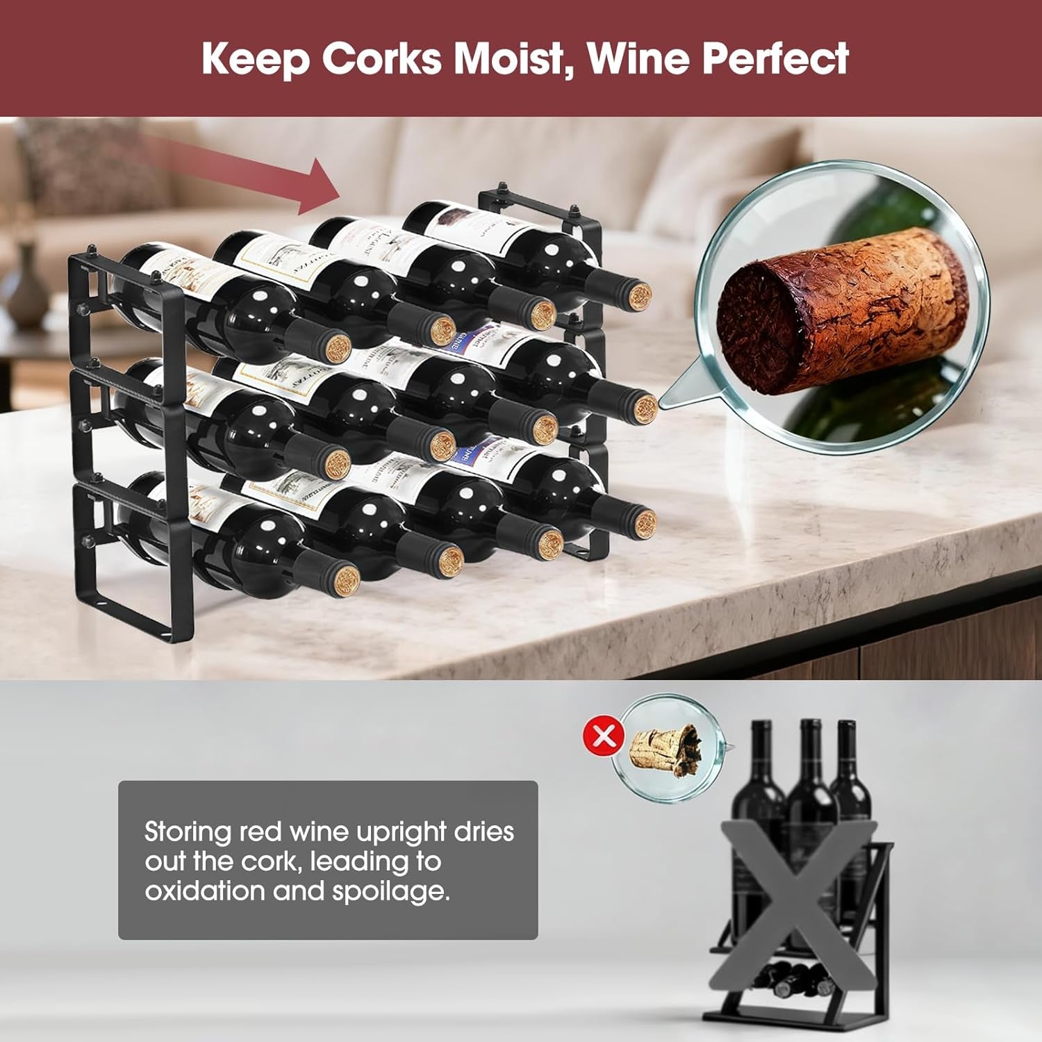 Stackable Wine Rack Countertop, 12 Bottles Wine Bottle Holder for inside Cabinet, Small Tabletop Wine Holder Stand for Pantry Bar, 3-Tier Angle Adjustable Wine Bottle Rack for Tight Spaces