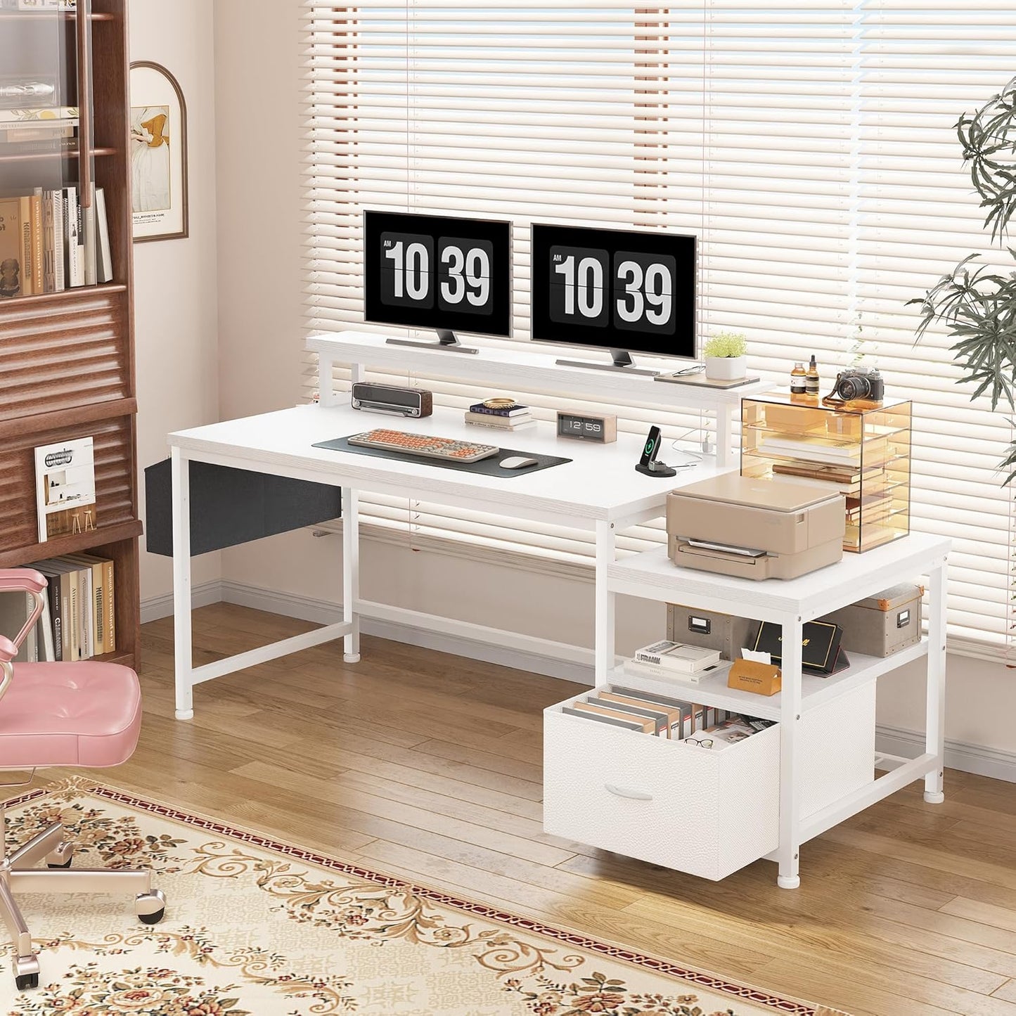 57" Computer Desk with Drawers and Printer Space,Office Desk with Power Outlets,Home Office Desks with File Drawers Cabinet,Study Writing and Gaming Desk with Shelves Monitor Stand,Black