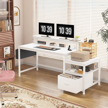 57" Computer Desk with Drawers and Printer Space,Office Desk with Power Outlets,Home Office Desks with File Drawers Cabinet,Study Writing and Gaming Desk with Shelves Monitor Stand,Black