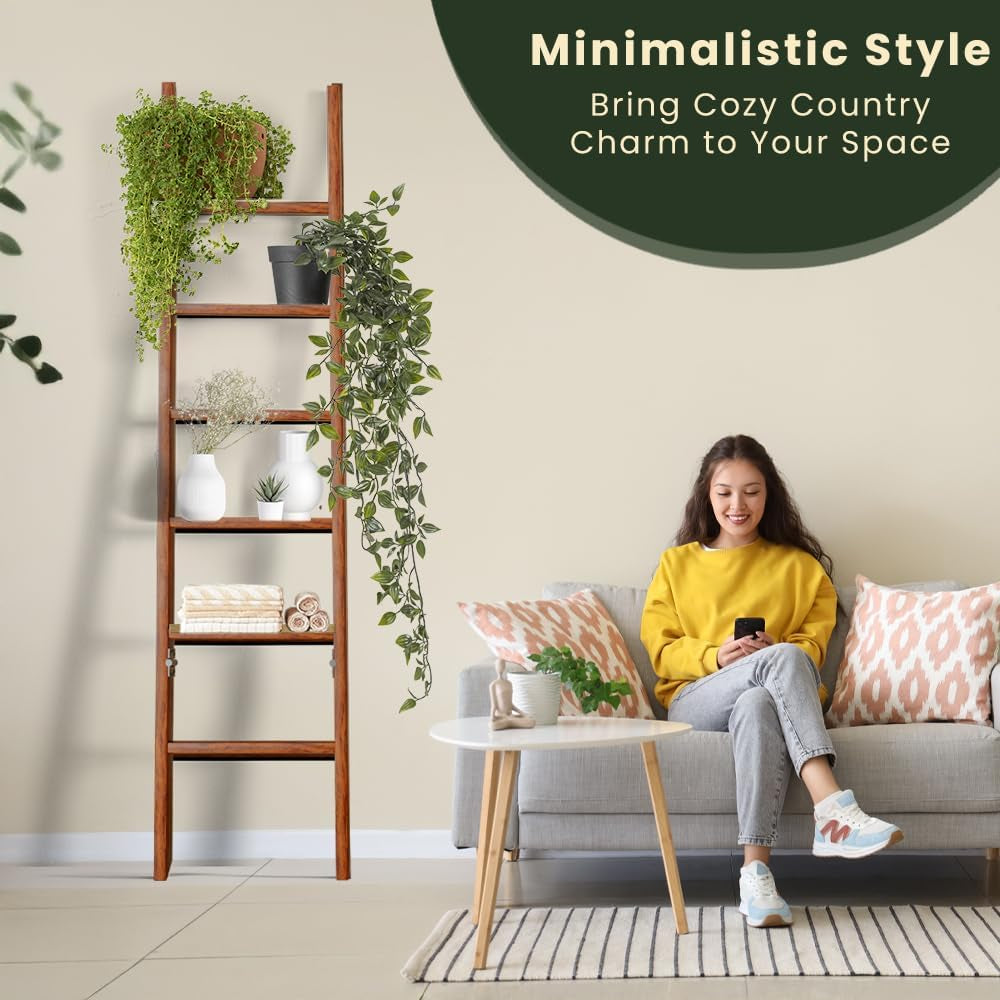 Decorative Wooden Blanket Ladder for the Living Room and Bedroom, 5Ft 8 Inch, Pine Wood Quilt Ladder, 6-Tier Wall Leaning Blanket Rack Stand, Farmhouse Blanket Ladder for Home Décor N Display.(Brown)