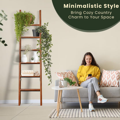 Decorative Wooden Blanket Ladder for the Living Room and Bedroom, 5Ft 8 Inch, Pine Wood Quilt Ladder, 6-Tier Wall Leaning Blanket Rack Stand, Farmhouse Blanket Ladder for Home Décor N Display.(Brown)